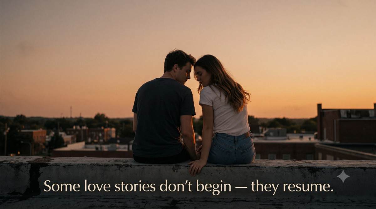 Childhood best friends to lovers slow burn romance — two friends sharing a quiet rooftop moment at golden hour