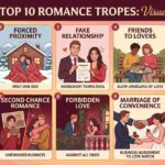 A modern, colorful infographic titled "THE TOP 10 ROMANCE TROPES: VISUALIZED." It features ten numbered rectangular panels arranged in two rows of five. Each panel uses a stylized digital illustration to represent a specific storytelling dynamic. The layout uses a warm palette of reds, blushes, and golds with clean vector art and brief descriptive tags below each title.
