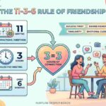 An infographic illustrating the 11-3-6 rule of friendship, showing three icons for 11 interactions, 3 hours, and 6 months pointing to a central heart labeled 33 hours of connection, alongside an illustration of two friends talking at a cafe table.