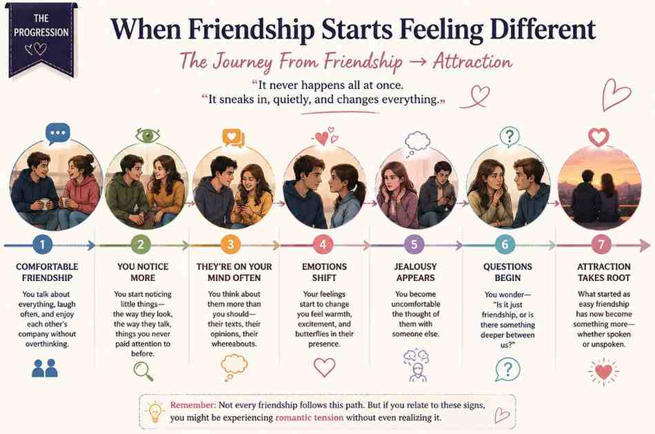 Romantic tension between friends progressing from comfortable friendship to attraction