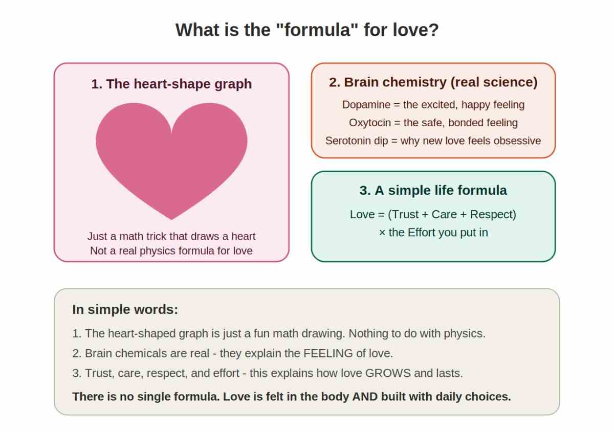 Infographic explaining the formula for love — heart curve math, brain chemistry, and a simple relationship formula.