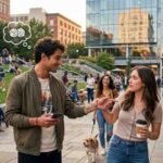 A detailed real-world photograph in a city plaza capturing a young man, a ludic lover, with a dice-thought bubble and a Latin tattoo "ludus" on his arm, holding a smartphone and pointing towards other attractive people, indicating multiple possibilities and game playing. A young woman with a confused expression holds his arm while also holding a coffee. A diverse crowd and an outdoor café setting are visible.