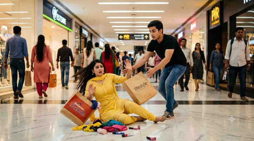 Young Indian woman in yellow salwar kameez falling backwards in a mall corridor with shopping bags flying, young Indian man in black shirt reaching out to catch her, dramatic lighting, cinematic composition, hacker love story.
