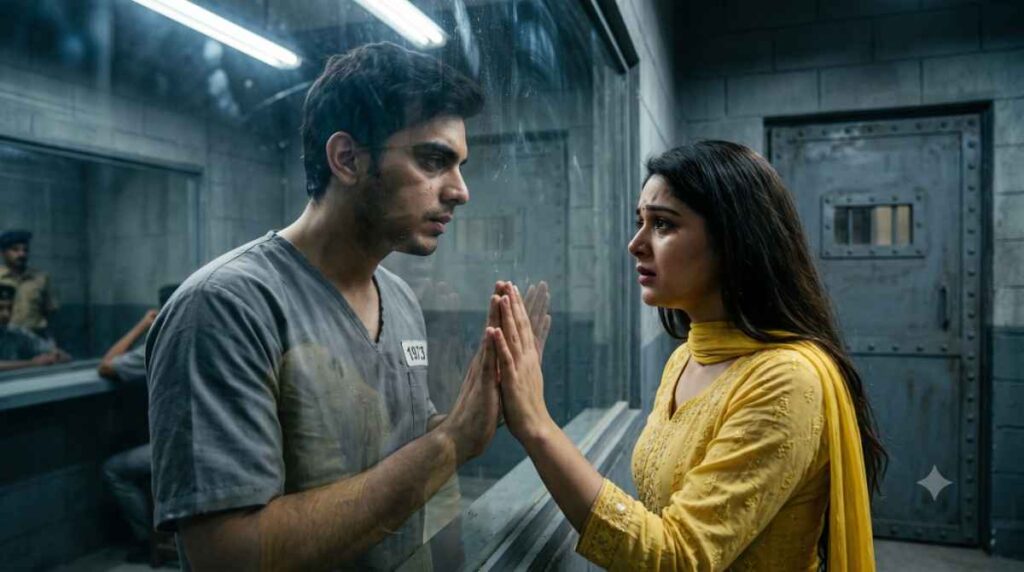 Hacker love story prison visit scene of Indian couple separated by glass in emotional moment