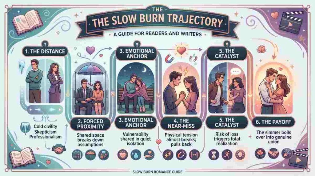 Visual infographic illustrating the 6-step slow burn romance narrative trajectory from distance to payoff.