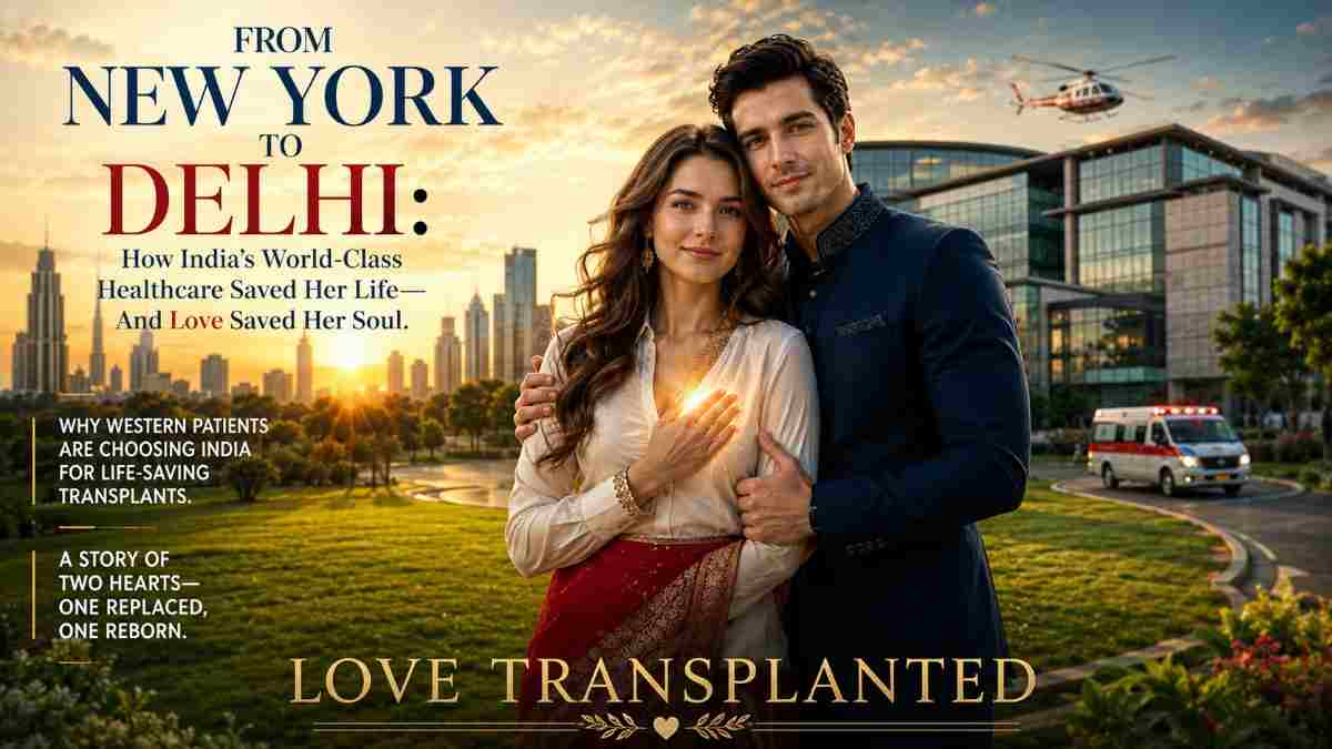 "Young Caucasian American couple standing on lush green lawn of modern Delhi hospital campus at golden sunset. Women in red and gold sari, hand over hearts with golden glow. Man in navy suit with embroidery, arm around her protectively. Both look at the camera with hope and gratitude. Sleek glass hospital building behind, surrounded by gardens and walking paths. Delhi skyline with towers, helicopter, and ambulance in distance. No logos or branding visible. Warm golden hour lighting, cinematic shallow depth of field. Editorial magazine cover style. Represents LOVE TRANSPLANTED—a story of a heart replaced, but a love that remained."