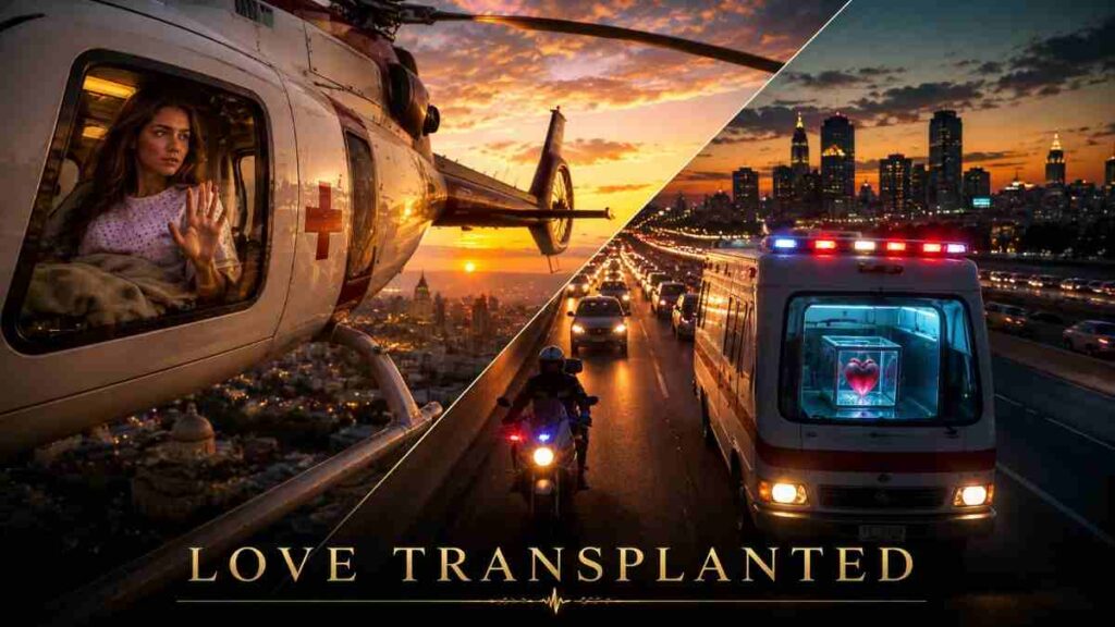 "Cinematic split composition image showing two simultaneous life-saving journeys in Delhi at golden sunset. On the left side, a white helicopter with a red cross soars through the golden sky above the Delhi skyline, carrying a young Caucasian American woman in a hospital gown, her hand pressed against the window, looking down with fear and hope. On the right side, a white ambulance with flashing red and blue lights races along a modern highway below, cutting through evening traffic, carrying a glowing donor heart in a cooled container. The Delhi Police have cleared the road, creating a corridor of life. The skyline features gleaming glass towers, mosques, and monuments silhouetted against golden orange and pink clouds. The split composition shows the connection between sky and ground—a woman flying above while her future heart races below. Warm amber and cool teal tones create a dramatic, cinematic mood. This image represents LOVE TRANSPLANTED—a heart replaced, a love that remained."
