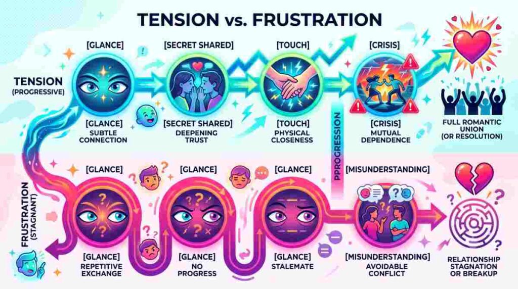 Bright visual infographic comparing progressive romantic tension versus stagnant narrative frustration in slow burn storytelling.