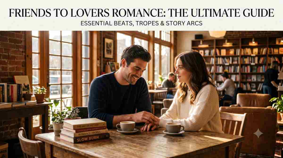 Editorial magazine cover for Friends to Lovers Romance: The Ultimate Guide, showing a man and woman holding hands across a café table.