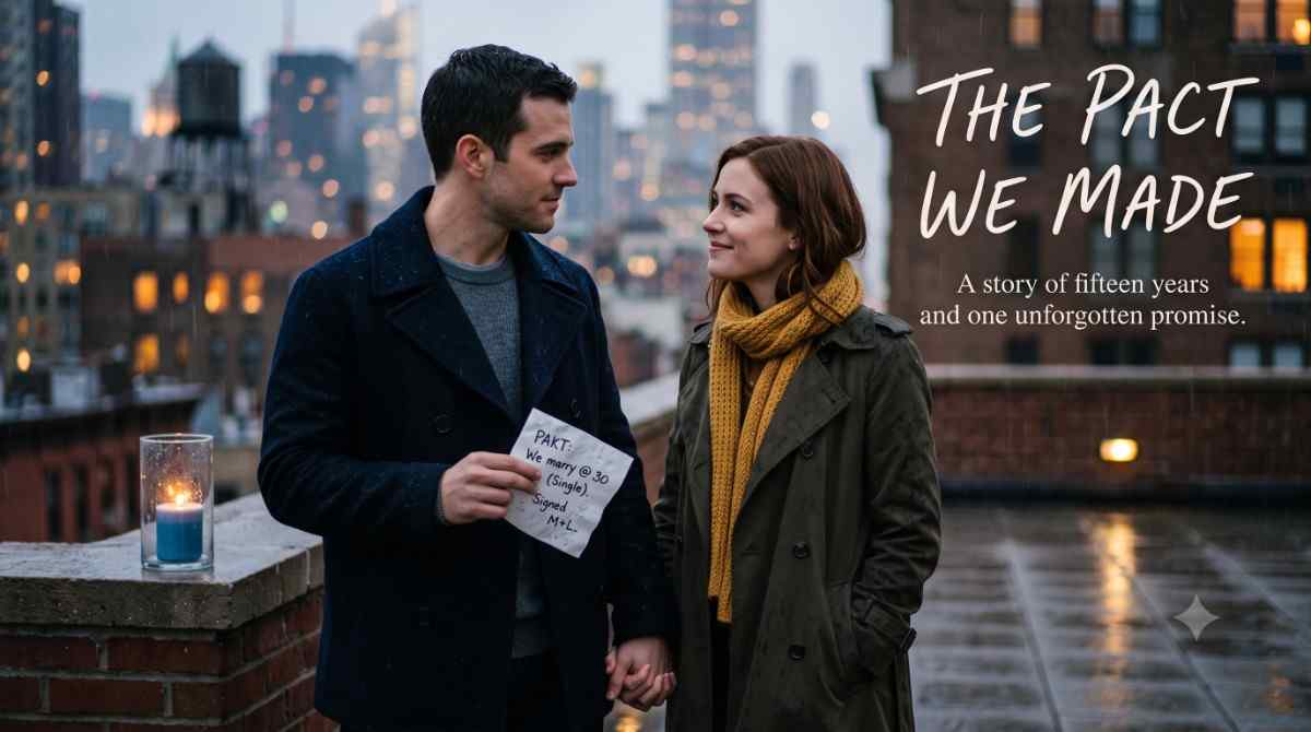 Cinematic magazine-style cover of The Pact We Made, showing a man and a woman holding hands on a rainy city rooftop beside a signed marriage pact napkin.