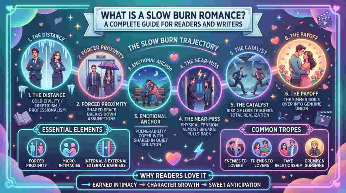 A comprehensive infographic visually mapping the 6-step slow burn romance trajectory from distance to payoff, including essential elements and common tropes.