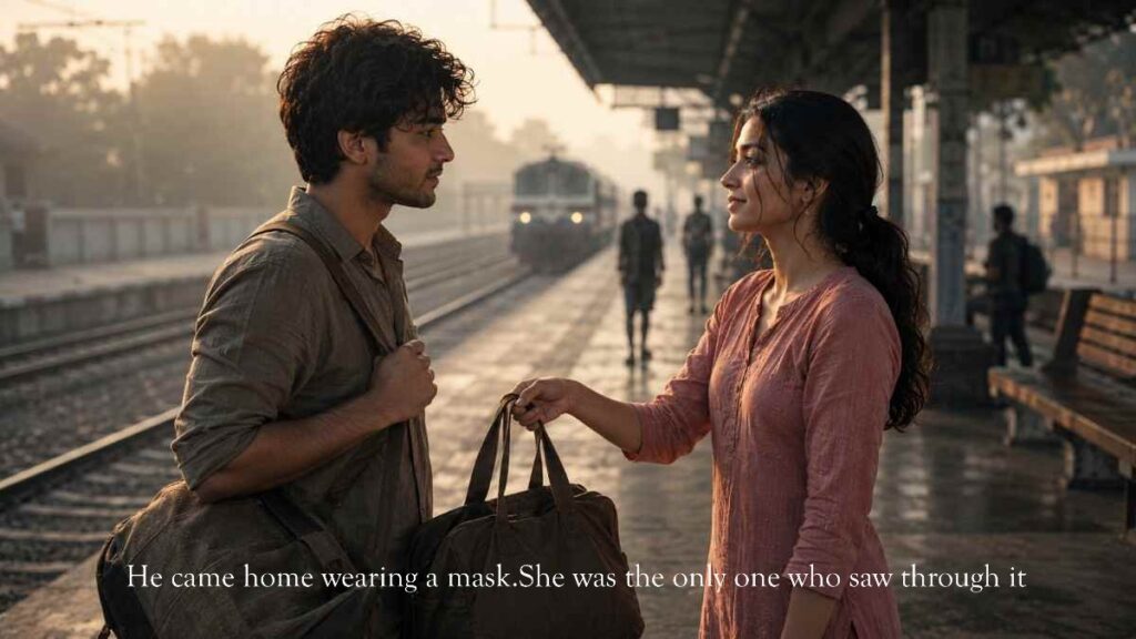 Ansh and Zara at the train station at dawn, the farewell scene from a childhood best friends to lovers slow burn story.