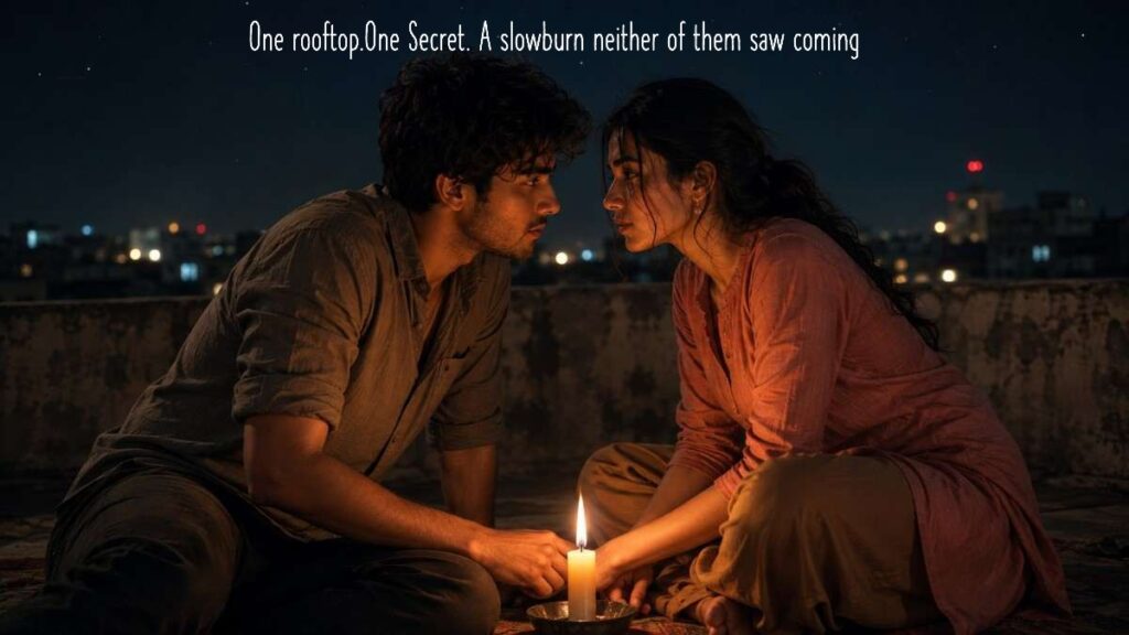 Ansh and Zara by candlelight on the rooftop, a childhood best friends to lovers slow burn moment before an almost-kiss.
