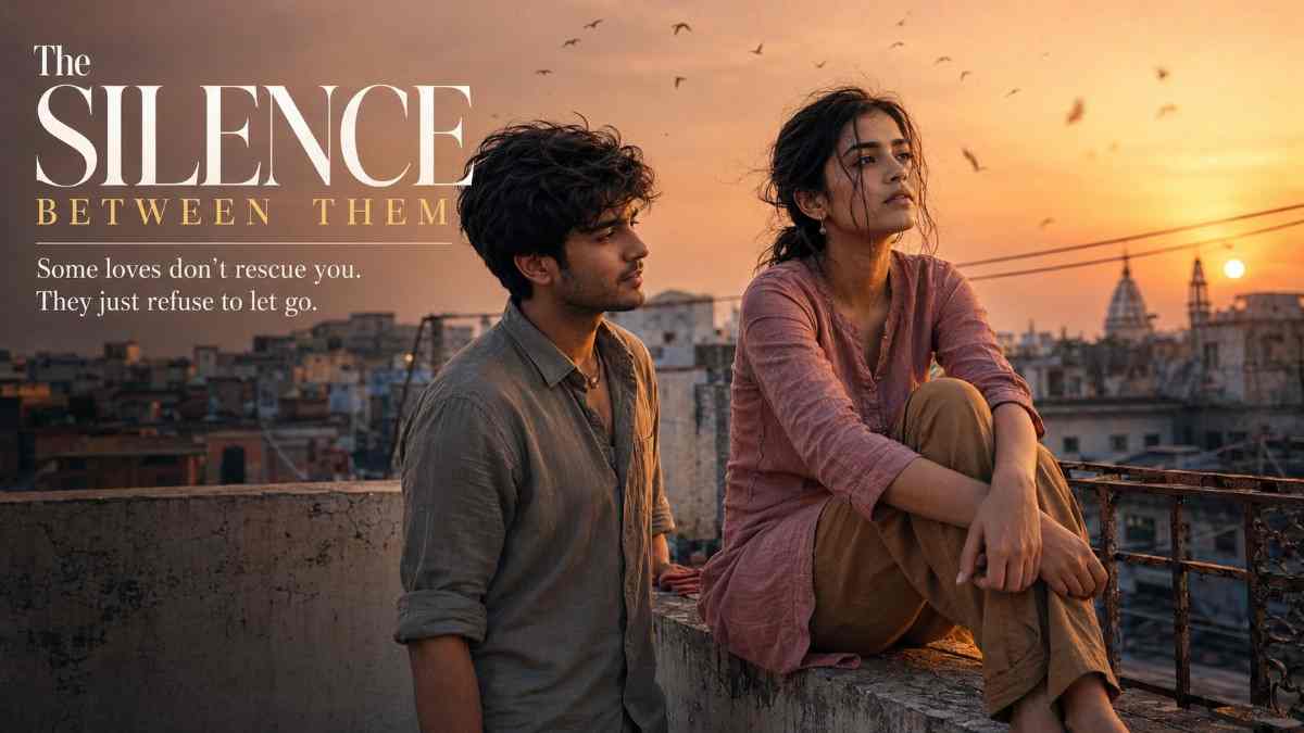 Ansh and Zara on a rooftop at golden hour, a childhood best friends to lovers slow burn moment from The Summer We Stopped Pretending.