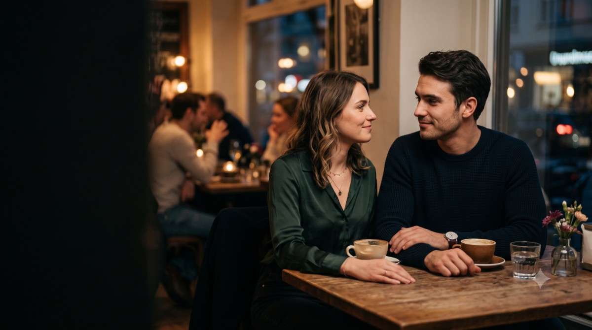 Unspoken Attraction: Capturing Romantic Tension in the Café An attractive young couple sitting at an intimate café table, holding lingering eye contact to capture palpable romantic tension.