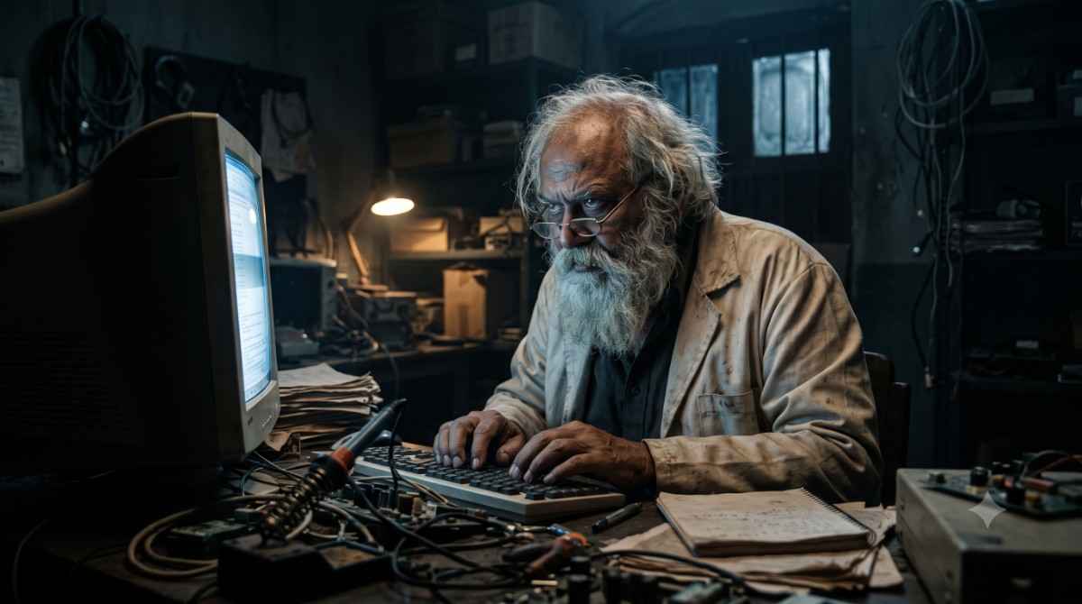 Hacker Love Story – The Guru Hacker love story villain Guru with long white beard staring at glowing computer screen in dark room