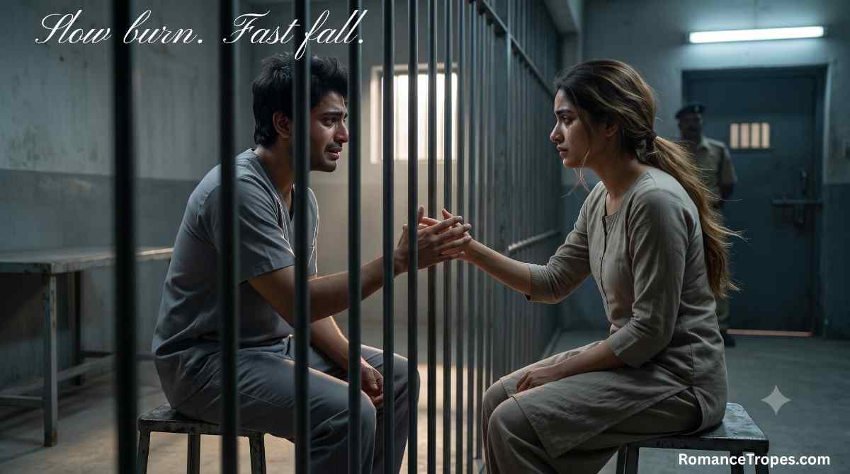 Slow Burn Romance — Dev and Vinny’s Jail Cell Reunion Dev and Vinny reaching for each other through jail bars, a pivotal slow burn romance scene from Slow Burn: The Pesticide That Resides in a Bookworm's Heart