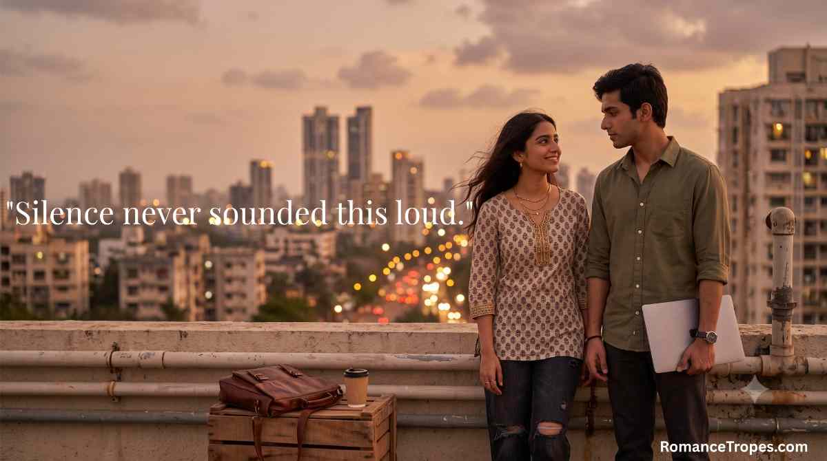Slow burn romance couple standing on a Mumbai rooftop at sunset, from the story Slow Burn: The Pesticide That Resides in a Bookworm's Heart