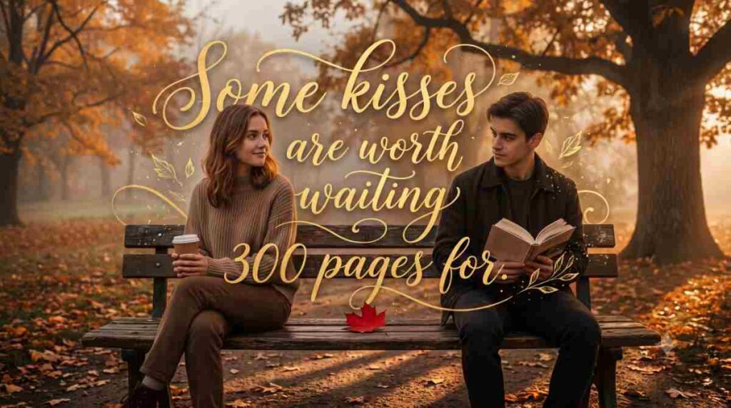 Two young people sitting on opposite ends of a park bench in misty autumn park, golden leaves falling, warm sunset light, romantic tension between them