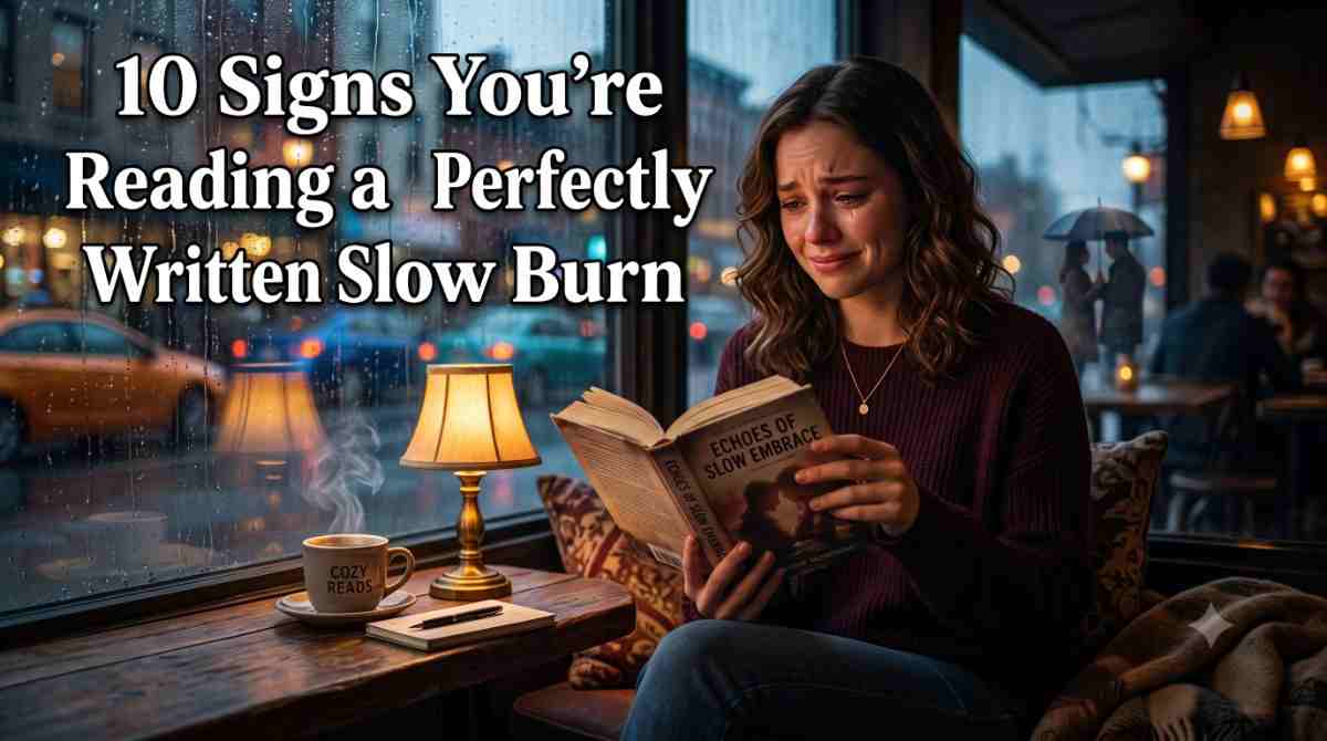 10 Signs You’re Reading a Perfectly Written Slow Burn Young woman reading a book on a rainy coffee shop window seat at twilight, warm lamp light, steam rising from coffee cup, city lights blurred outside, romantic moody atmosphere