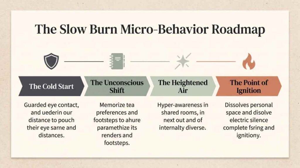 A clean infographic illustrating how long is a slow burn romance through four stages of behavioral progression from cold start to ignition.