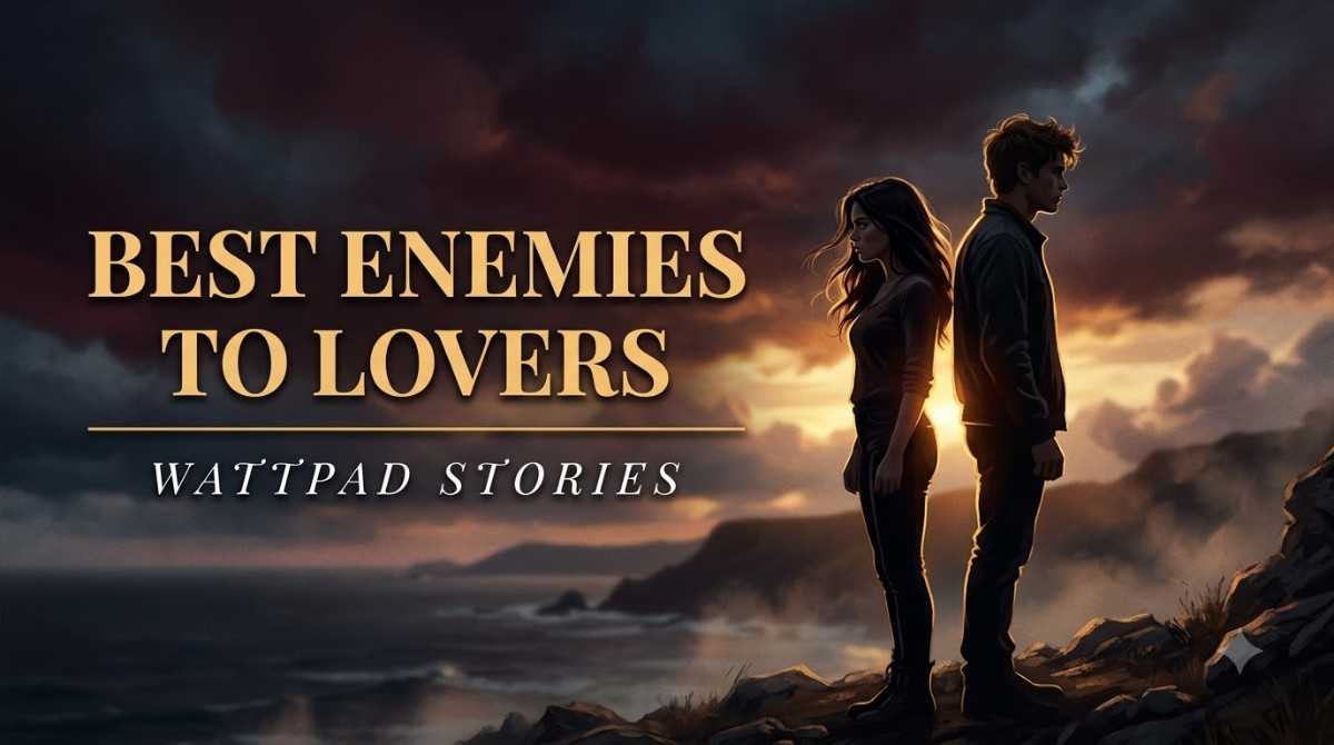 Best enemies to lovers Wattpad stories cover art with two silhouettes in dramatic tension, burgundy and gold romance aesthetic