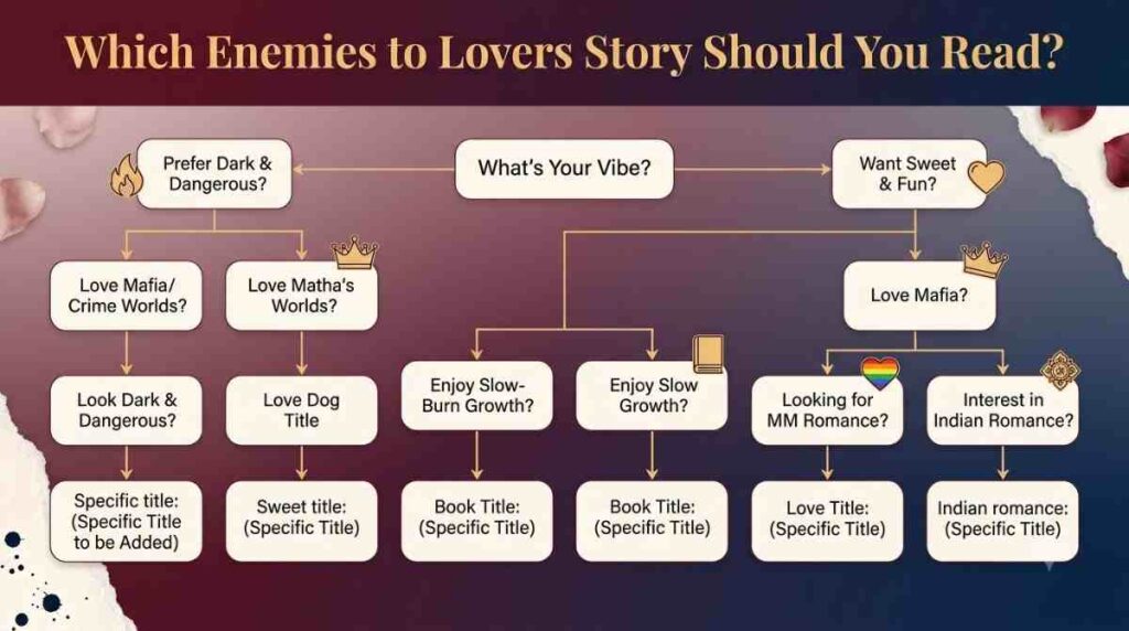 Infographic flowchart to find the best enemies to lovers Wattpad story to read based on your mood