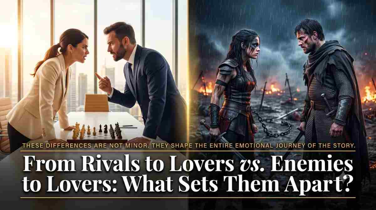 From Rivals to Lovers vs. Enemies to Lovers: What Sets Them Apart? Split-screen magazine cover showing From Rivals to Lovers on the left with two professionals in a bright office, and Enemies to Lovers on the right with two figures on a dark battlefield. Bold text overlay reads From Rivals to Lovers vs. Enemies to Lovers: What Sets Them Apart?