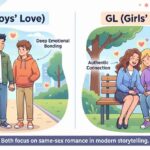 A colorful split-panel infographic explaining what is BL vs GL in romance media, featuring two young men holding hands in a park on the left and two smiling women sitting close together on a bench on the right.