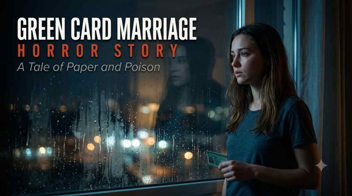 Green Card Marriage Horror Stories — Featured Image Green Card Marriage Horror Stories — woman standing alone at a rain-streaked window at night holding a green card