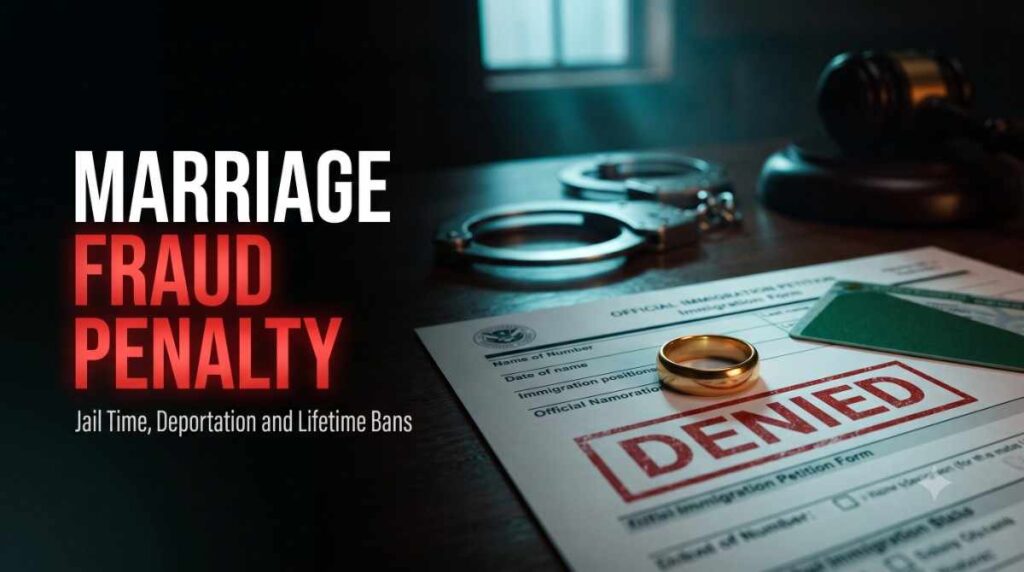 Wedding ring, denied immigration form and handcuffs illustrating the marriage fraud penalty