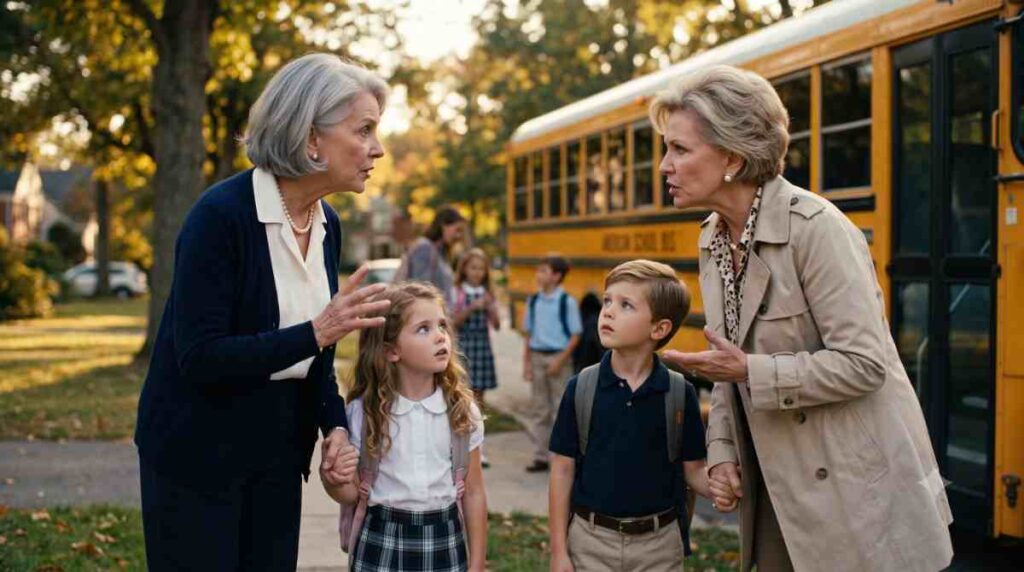 Two grandmothers arguing at a school bus stop with young Claire and Ben, the childhood roots of their fake marriage story