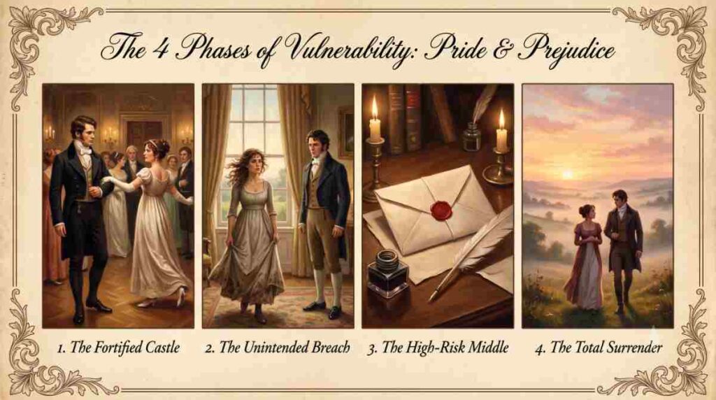 A 16:9 Regency-era literary infographic illustrating how long is a slow burn romance across the four vulnerability stages of Pride and Prejudice.