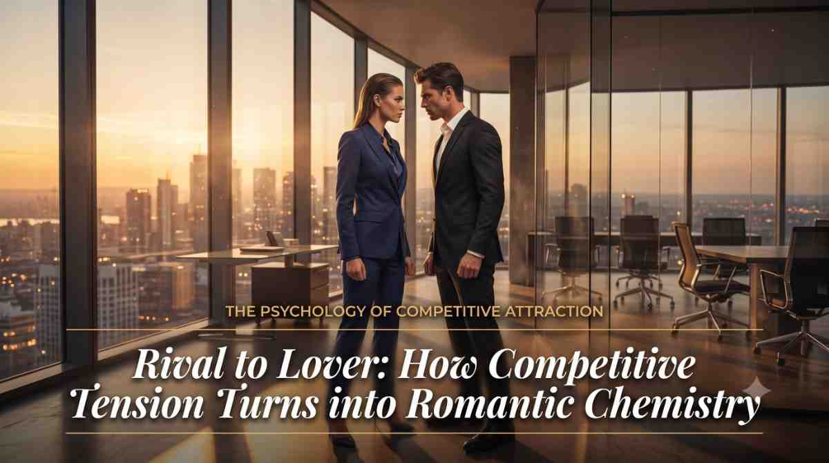 Rival to Lover How Competitive Tension Turns to Romantic Chemistry Cinematic magazine cover of two professionals in a tense stare, capturing the rival to lover dynamic with gold editorial text overlay.