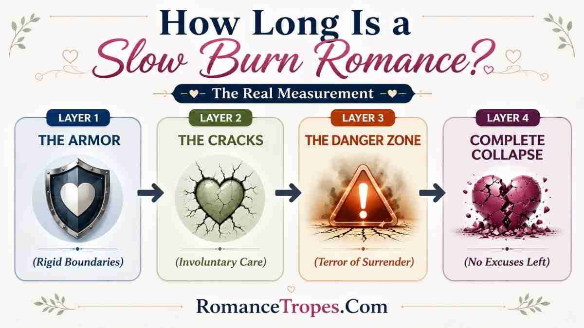 Infographic explaining how long is a slow burn romance across four psychological layers from armor to complete collapse.