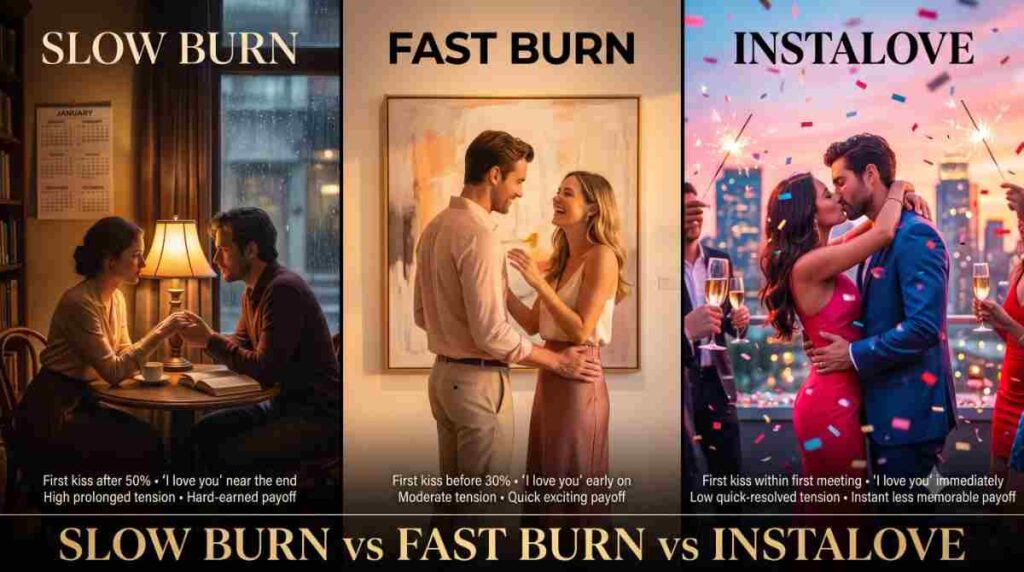 Triptych comparing slow burn, fast burn, and instalove romance styles side by side to explain the opposite of slow burn romance