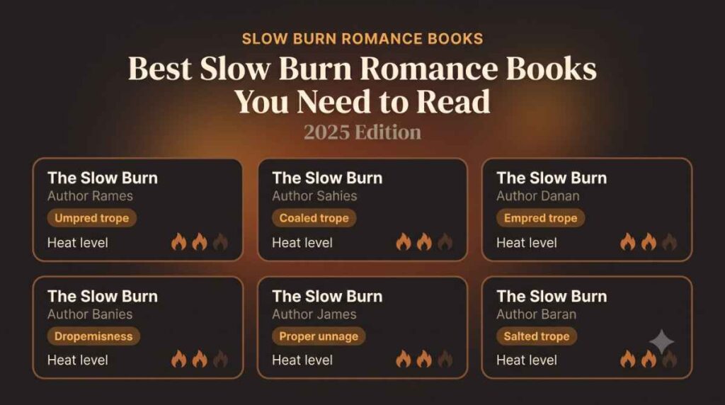 Infographic grid of the best slow burn romance books for 2025, showing trope tags and heat levels for each pick