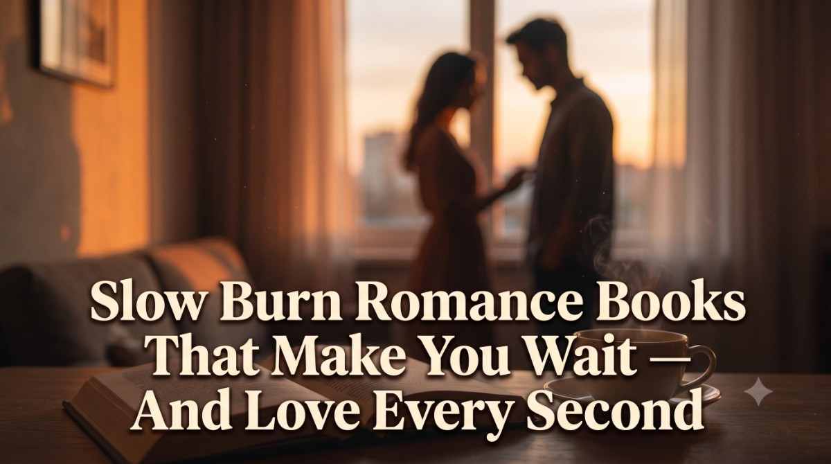 Cinematic golden-hour photo of an open book and coffee cup, representing the best slow burn romance books to read in 2025