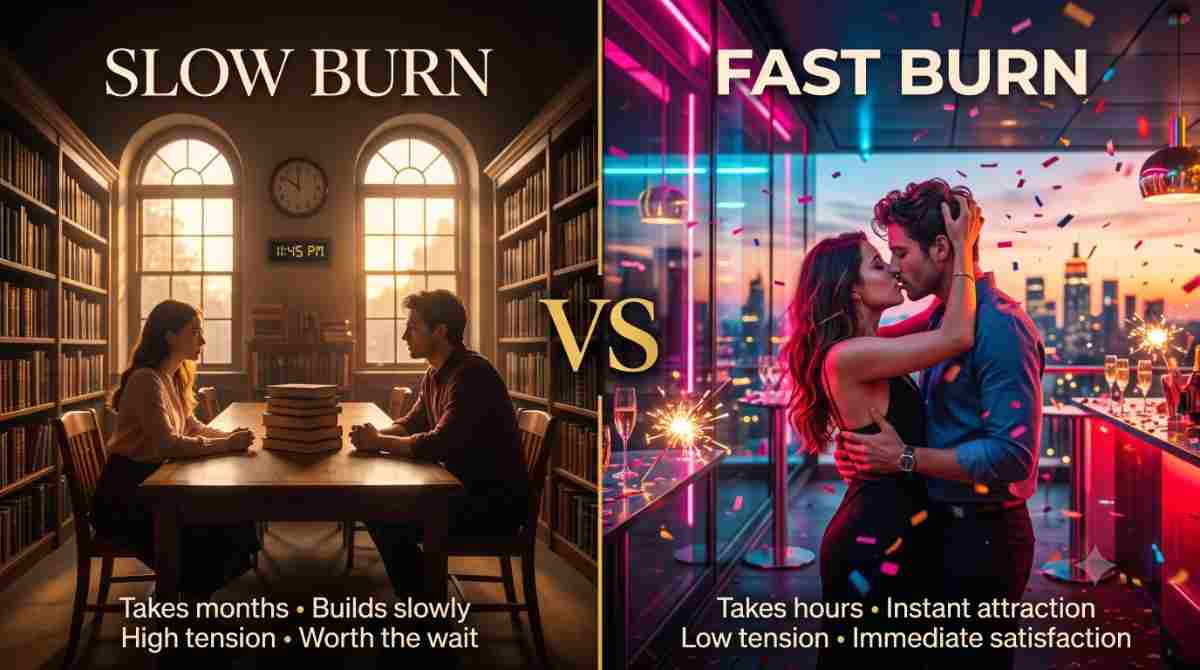 Slow burn or fast burn? Which one is your favorite love story style? Split screen comparing slow burn romance with fast burn and instalove under the topic- What is the opposite of slow burn romance?
