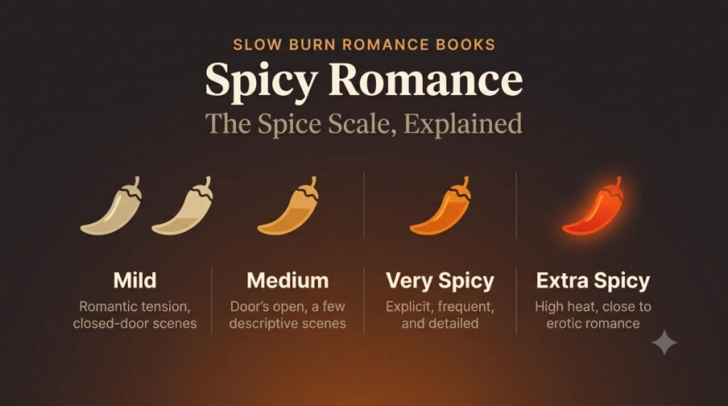Spicy romance spice scale infographic showing heat levels from mild to extra spicy with chili pepper ratings