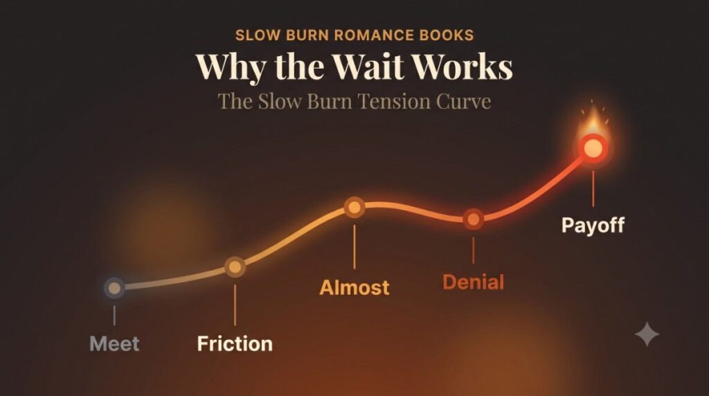 Tension curve infographic showing how slow burn romance books build anticipation from meet to payoff