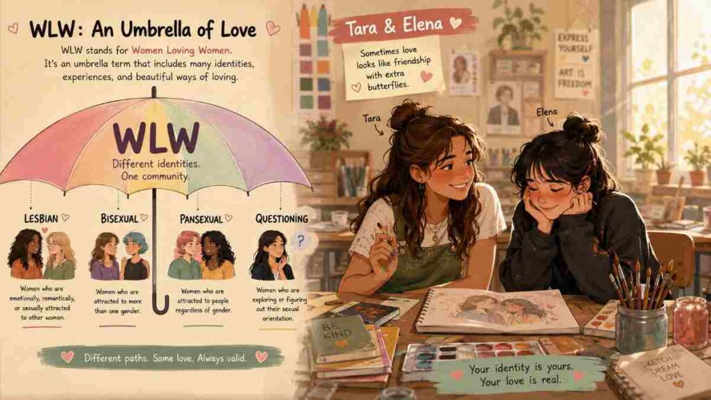 Two young women smiling and working together at a wooden table in a sunlit art room, illustrating the concept of WLW romance books.