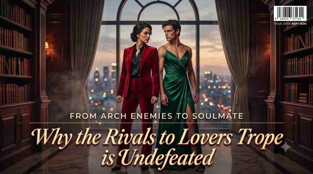 A cinematic magazine cover featuring two elegant figures in a luxurious library, standing back-to-back with intense eye contact. One wears a crimson suit, the other an emerald gown. Warm amber and burgundy lighting creates a dramatic, romantic atmosphere. Golden calligraphy text overlays the image reading Why the Rivals to Lovers Trope is Undefeated. The scene captures tension, desire, and the electric energy of enemies turning into soulmates.