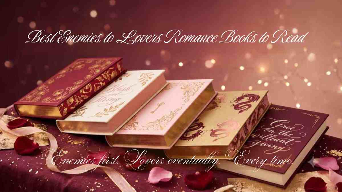 Five stylized romance book covers arranged on a warm burgundy and rose gold background with soft bokeh lighting