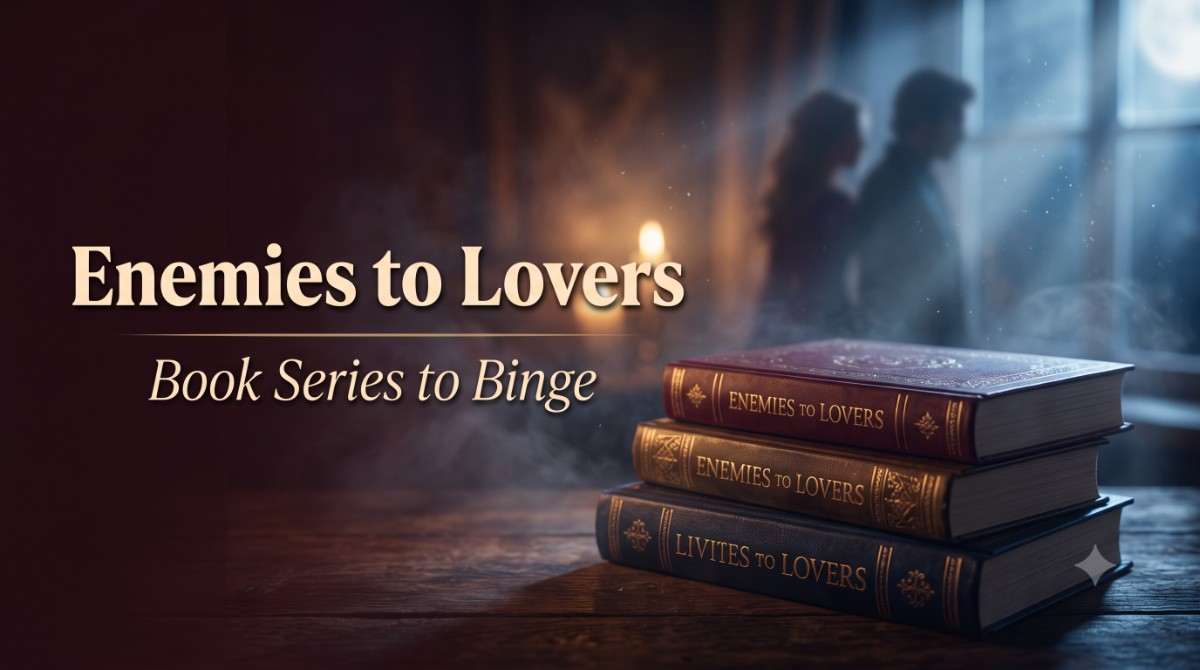 Best Enemies to Lovers Book Series to Binge Featured Image A stack of hardcover books lit by warm candlelight and cool moonlight, with two silhouetted figures visible in the blurred background