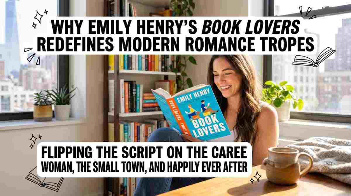 A smiling woman sitting in a bright apartment by a window and bookshelf, reading the novel in this feature image for Why Emily Henry’s Book Lovers Redefines Modern Romance Tropes.