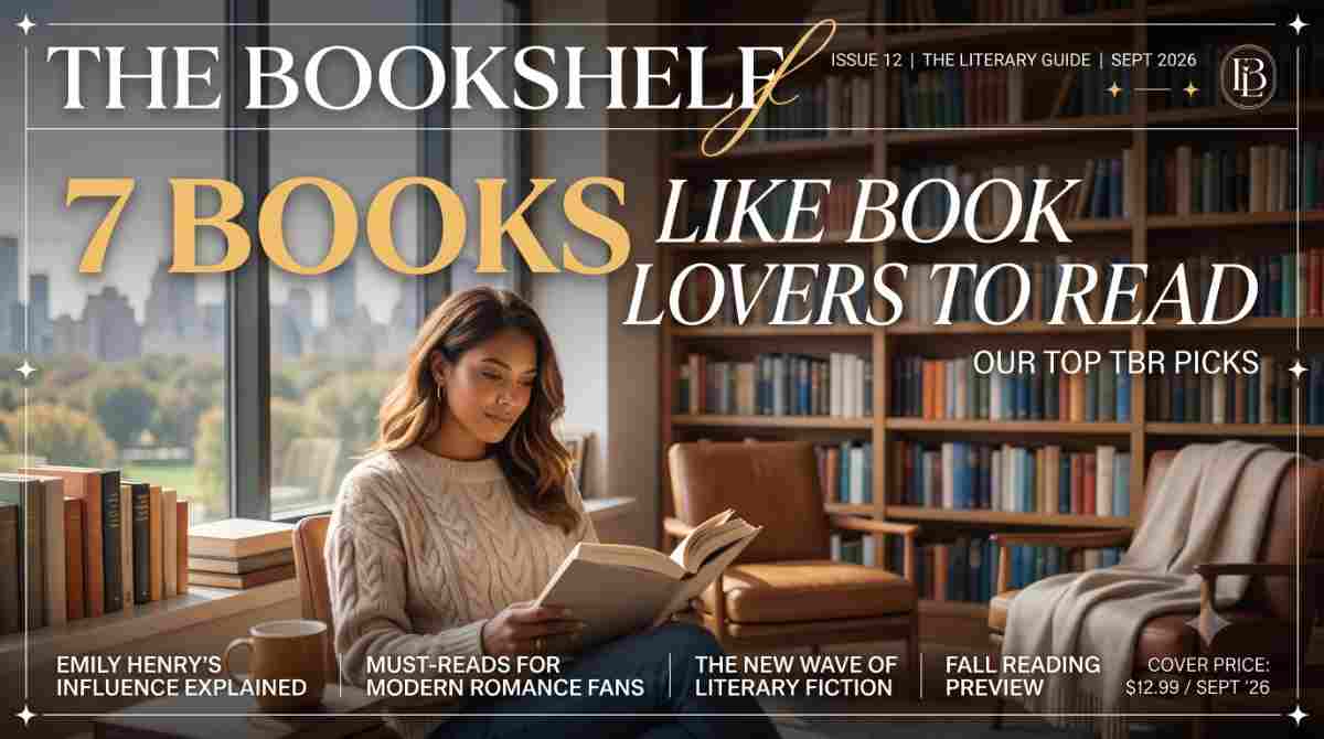 Editorial magazine cover featuring a woman reading in a library for books like Book Lovers.