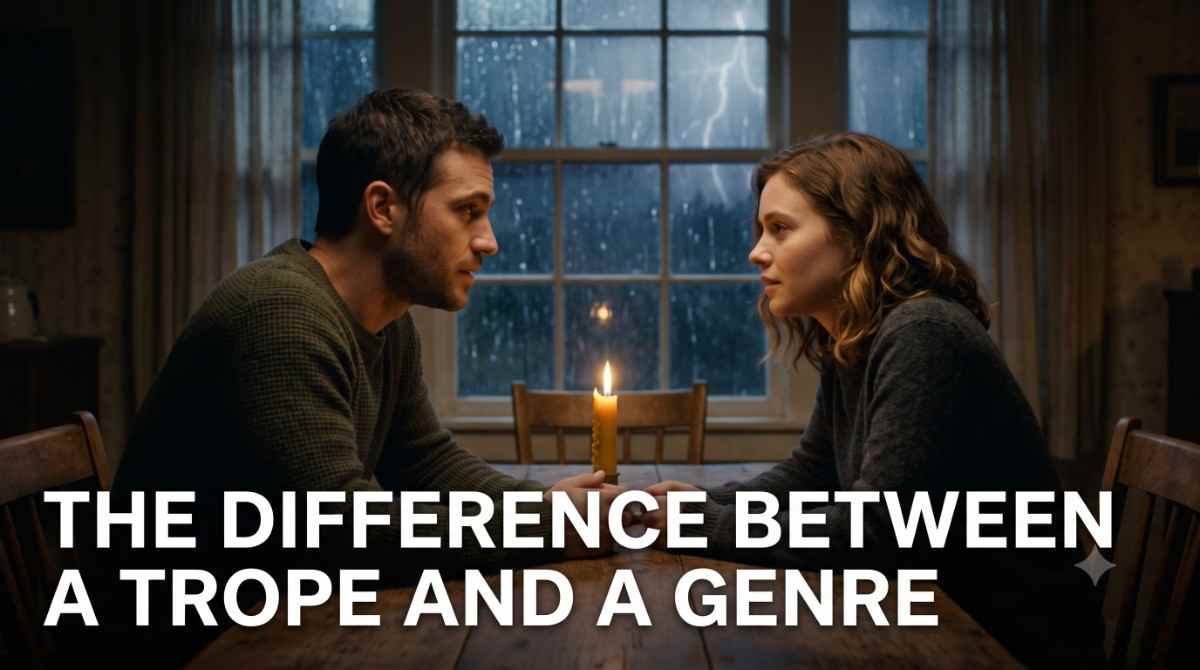 The Difference Between a Trope and a Genre — Feature Image Man and woman sitting across a candlelit table during a storm, illustrating the difference between a trope and a genre through story