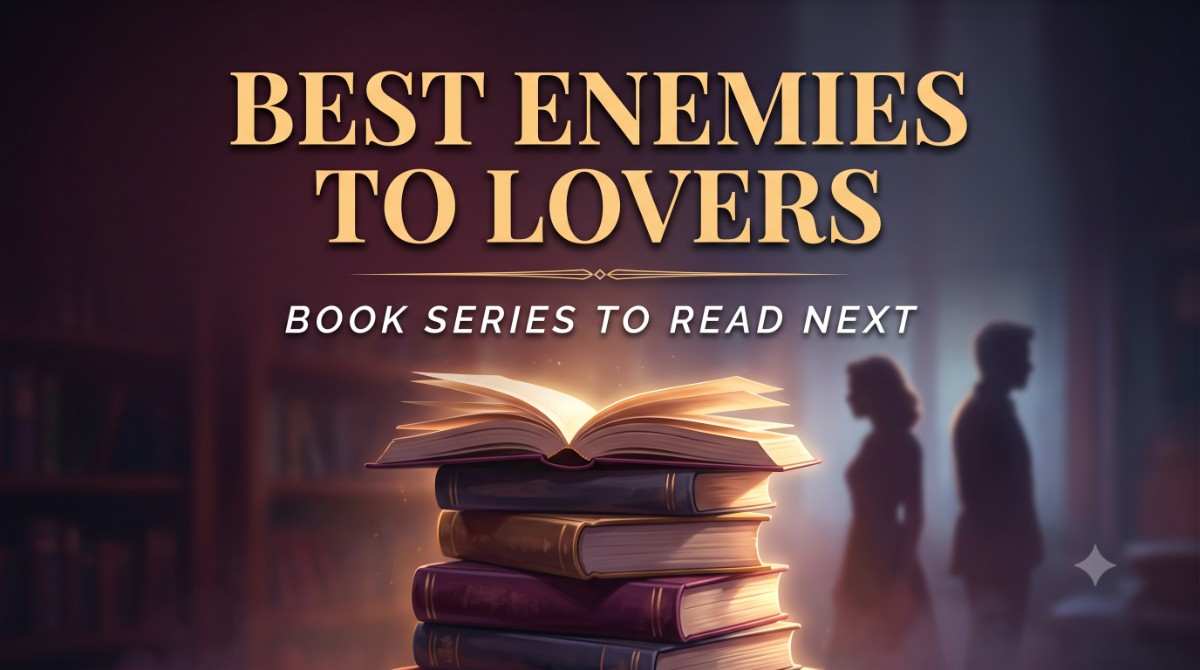 Best Enemies to Lovers Book Series to Read Next – Feature Image Best enemies to lovers book series feature image with glowing books and silhouettes