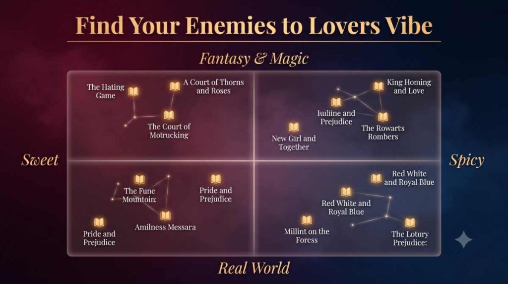 Enemies to lovers book series mood matrix comparing sweet to spicy and fantasy to real world picks